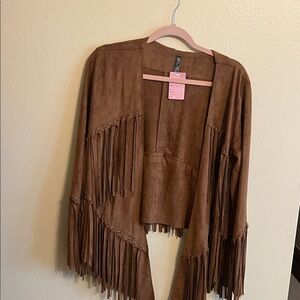 Brown Fringe Open-Front Jacket